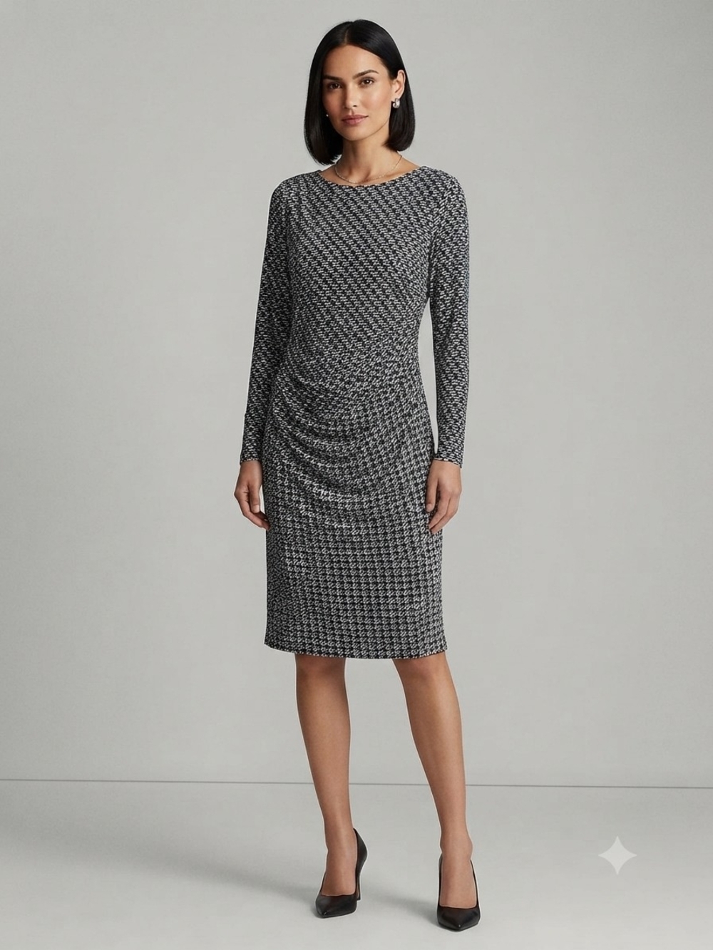 Ralph Lauren Black and White Houndstooth Long-Sleeve Sheath Dress Size 18